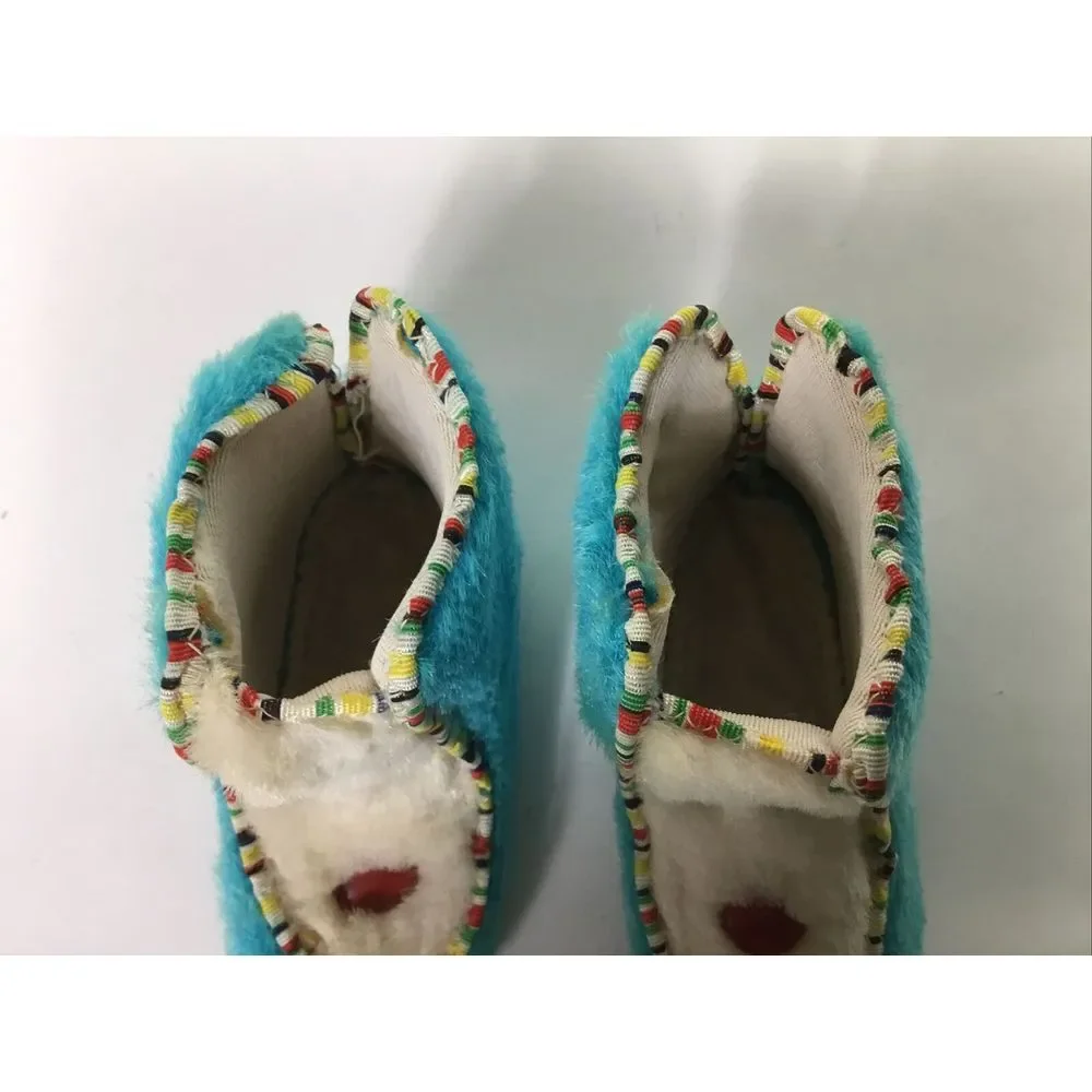 1960s Vintage Baby Booties Moccasin Size‎ 3 Fur animal Turquoise white Made USA
